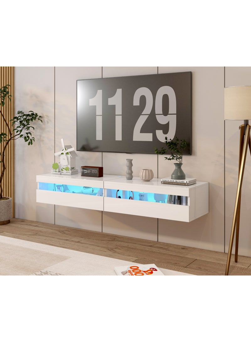 160cm Floating TV Stand with LED Lights, Wall Mounted Entertainment Center with Storage Shelf, Modern White TV Unit for Living Room Bedroom（DSG054） - Image 3